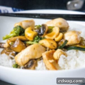 close up chicken stir fry over rice, showcasing the perfectly coated chicken and vibrant vegetables