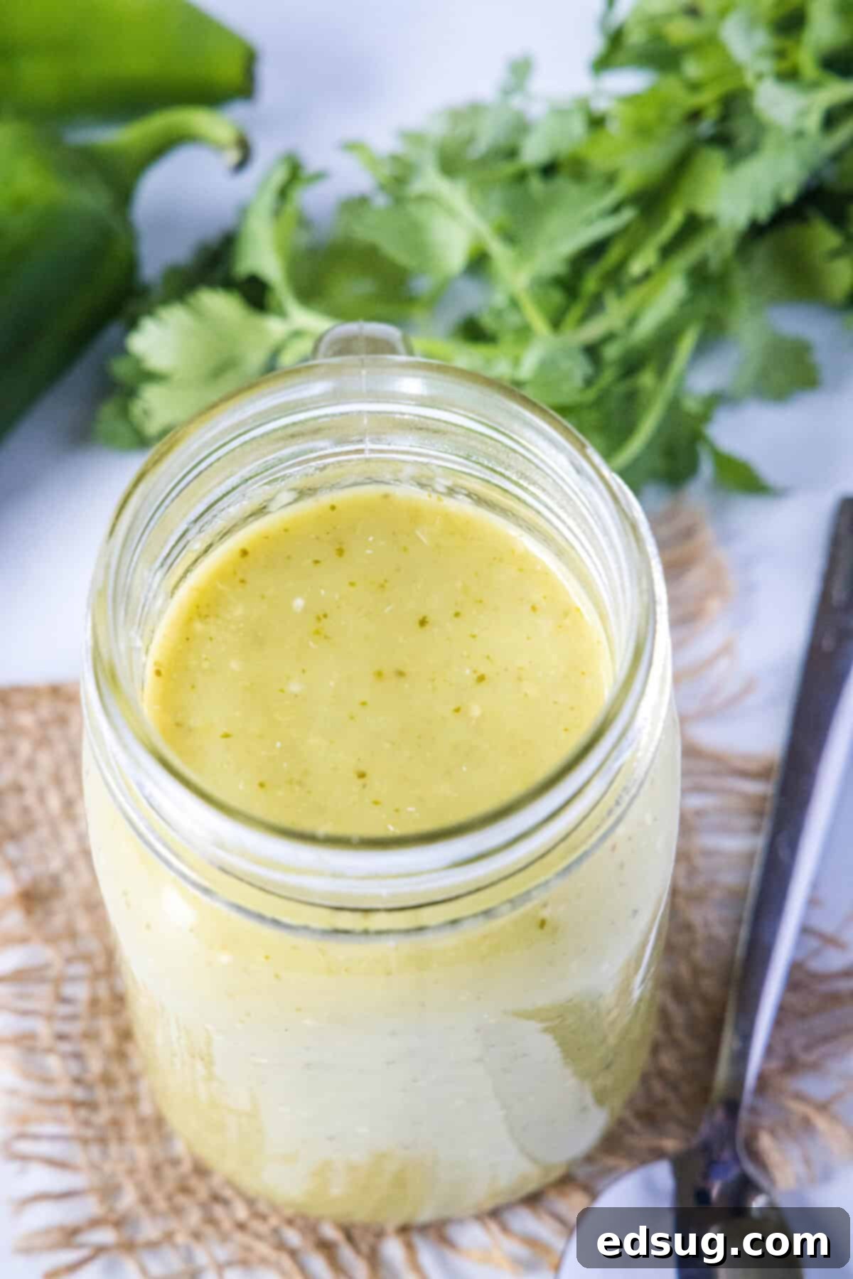 Authentic Green Enchilada Sauce 8 Looking down into a wide-mouth glass jar filled with rich, homemade green enchilada sauce, garnished with a sprig of fresh cilantro.