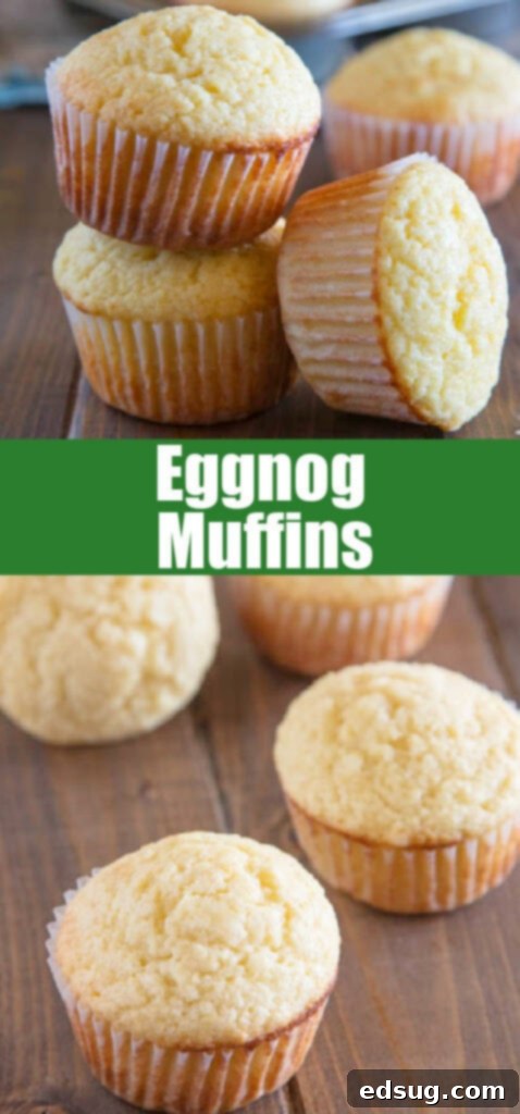 Close up of a single Eggnog Muffin on a rustic wooden table, sprinkled with nutmeg.