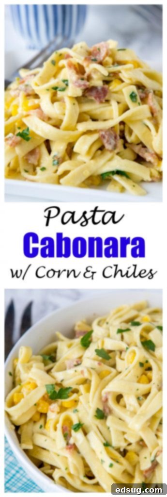 Fiesta Carbonara 6 An inviting overhead view of a large serving bowl filled to the brim with creamy pasta carbonara, showcasing the vibrant corn, crispy bacon bits, and the luscious sauce