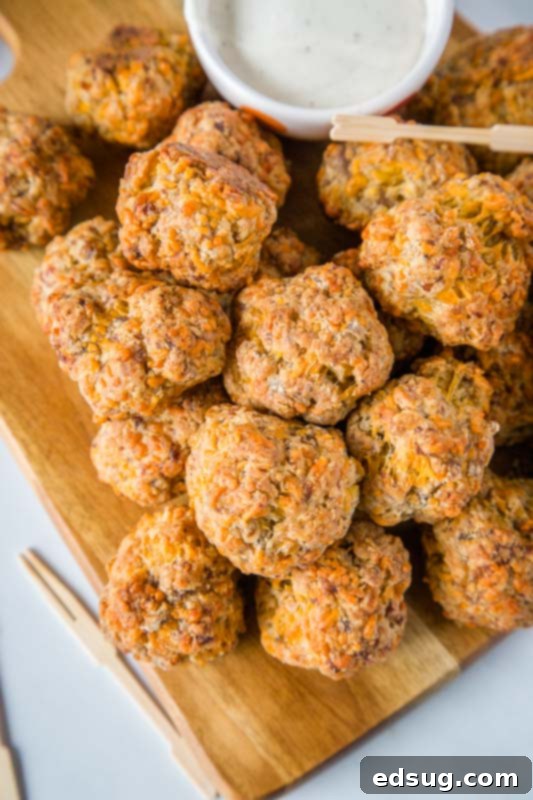 A tray of uncooked sausage cheese balls rolled and ready for baking, showcasing their uniform size.