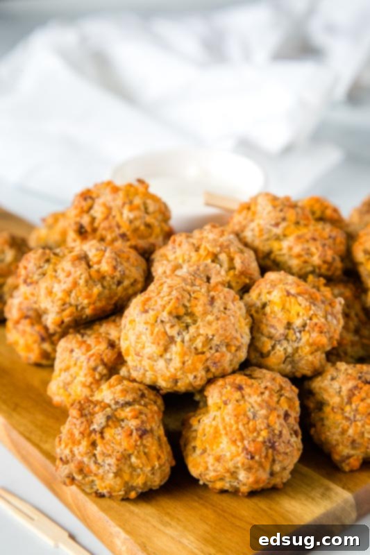 A close-up shot of golden brown, baked bisquick sausage cheese balls on a wire rack, steam gently rising.