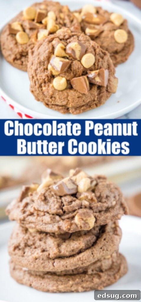 Close-up of a perfectly baked chocolate peanut butter cookie with visible chips and cups, ready for sharing on social media or Pinterest.