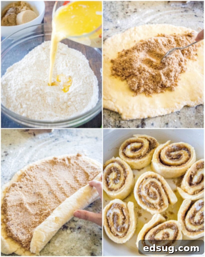 Festive Eggnog Cinnamon Rolls 4 collage of step-by-step photos showing how to make cinnamon rolls from dough preparation to rolling and cutting.