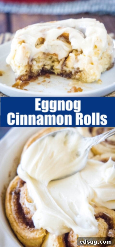 Festive Eggnog Cinnamon Rolls 6 close up view of frosted eggnog cinnamon rolls, ideal for Pinterest.