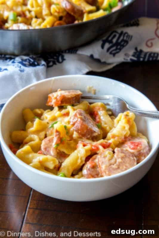 Hearty Skillet Sausage Pasta 2 Sausage pasta skillet served in a bowl, ready to eat