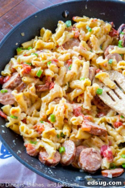 Hearty Skillet Sausage Pasta 3 Finished sausage pasta skillet in a pan, ready for serving