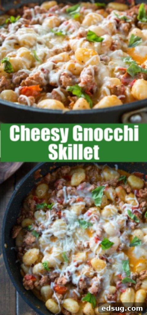 skillet with gnocchi covered in cheese, ready to be served