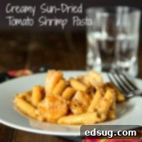 Mediterranean Sunset Shrimp Pasta 1 Creamy Sun-dried Tomato Shrimp Pasta with a rich sauce and cooked pasta