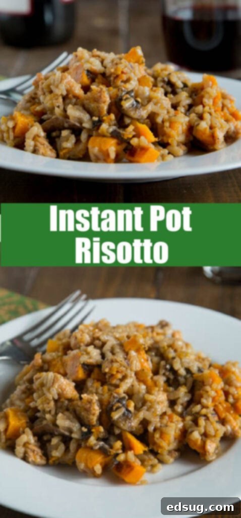 Instant Pot risotto served on a plate with butternut squash and mushrooms, ready to eat.