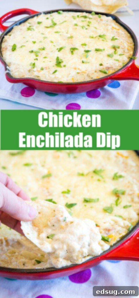 Southwest Green Chile Chicken Enchilada Dip 5 A large pan of Green Chili Chicken Enchilada Dip, freshly baked and ready to be scooped.