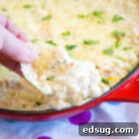 Close up of a chip loaded with Green Chili Chicken Enchilada Dip, showing the melted cheese and chicken.