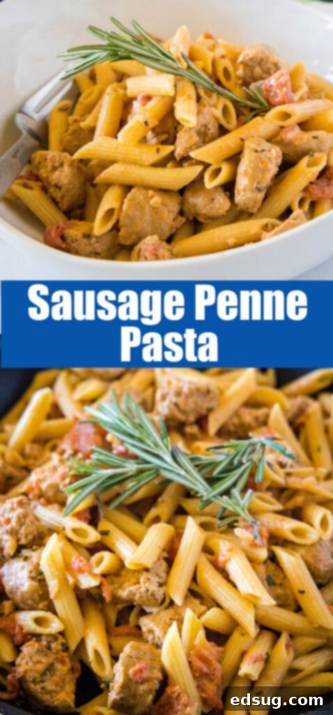 extreme close up of creamy sausage penne pasta