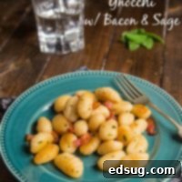 Sweet Potato Gnocchi with Bacon and Sage - Dinner is ready in just 20 minutes! Crunchy smokey bacon, fresh sage, and Parmesan cheese with sweet potato gnocchi make a wonderful flavor combination.