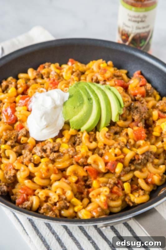 Fiesta Taco Pasta Skillet 2 taco pasta in a skillet