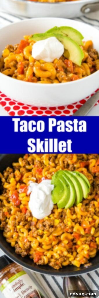 Fiesta Taco Pasta Skillet 7 Taco Pasta Skillet - All the flavors of taco night in a one pan meal, ready in 20 minutes! Homemade version of those boxed mix meals, with just a few staple ingredients.