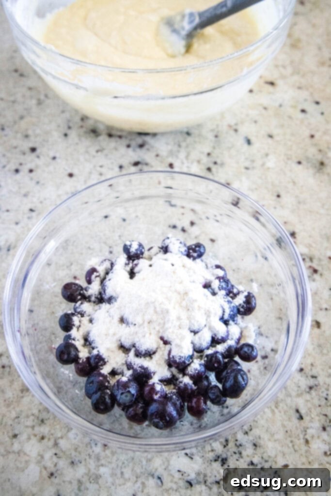 Hands gently tossing fresh blueberries with a light dusting of flour in a bowl.