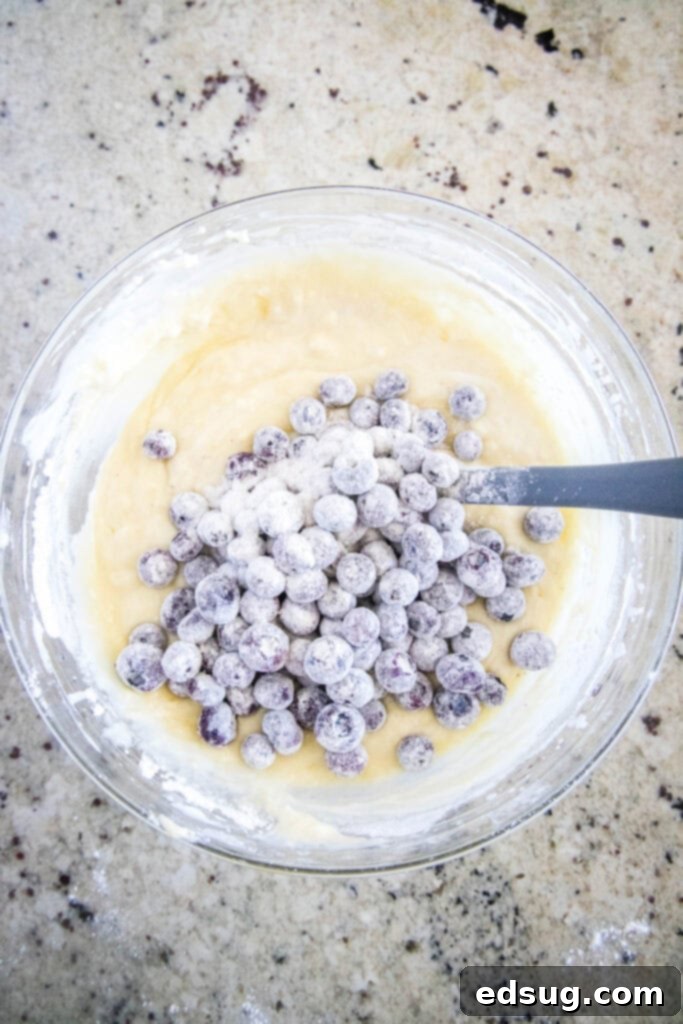 The cake batter, generously speckled with blueberries, being gently folded in a large mixing bowl.