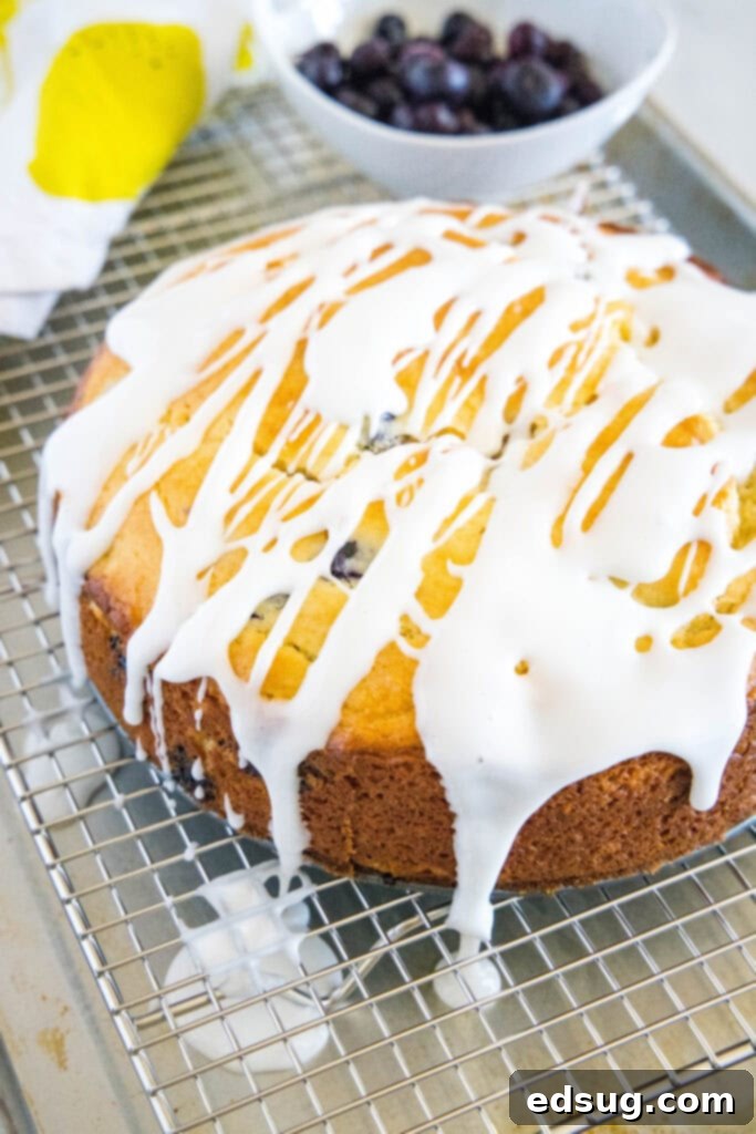 A freshly baked blueberry lemon cake being drizzled generously with a bright lemon glaze.