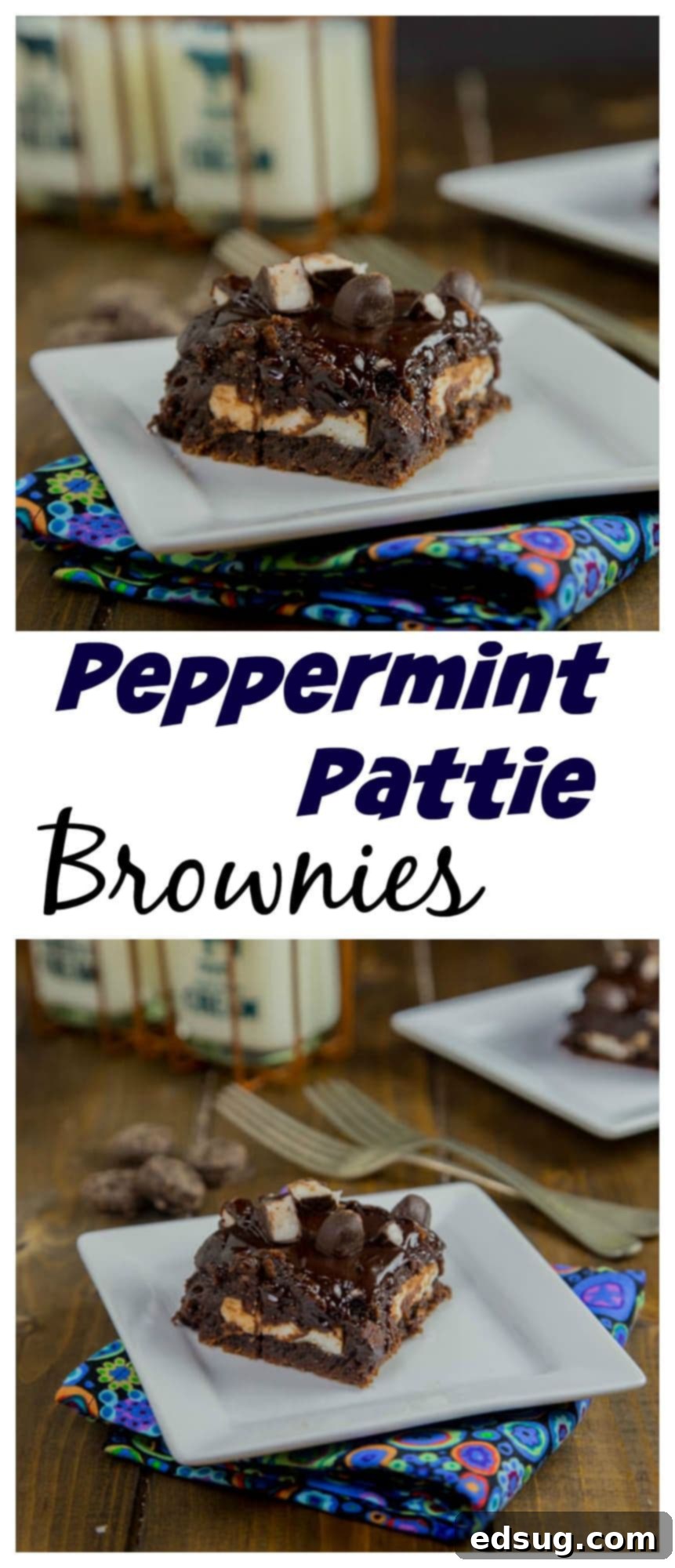 Peppermint Pattie Brownies - Rich and fudgy brownies with a layer of peppermint pattie candies, and topped with a gooey chocolate ganache. 