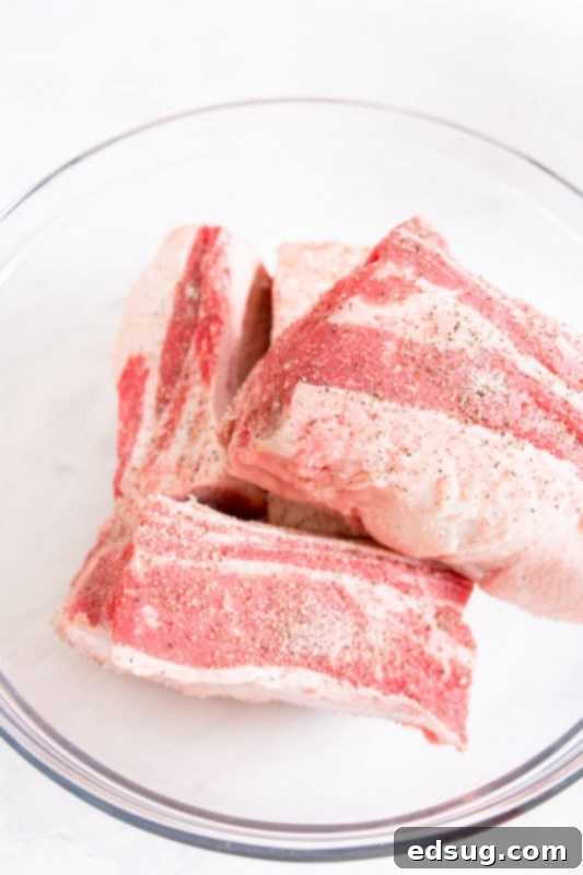 Fork-Tender Red Wine Short Ribs 4 short ribs seasoned with salt and pepper in glass bowl