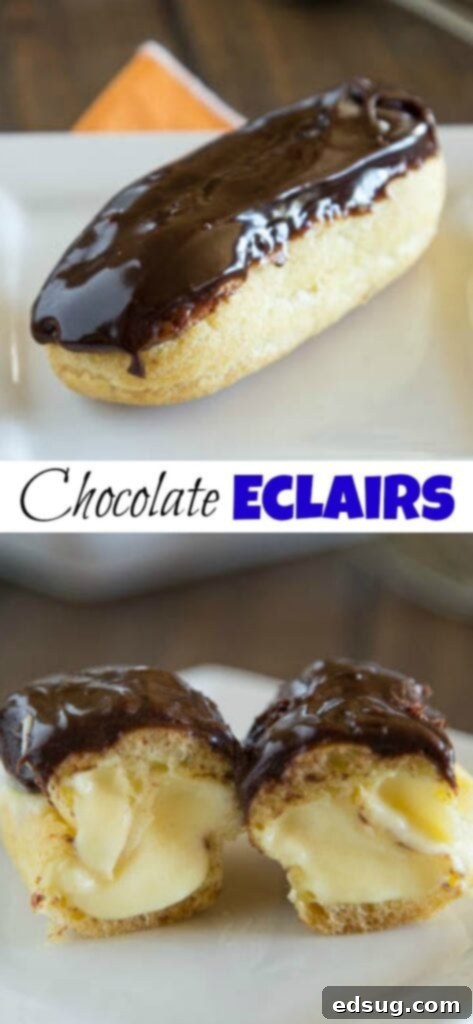 Decadent Chocolate Eclairs 2 Chocolate Eclairs - Light and airy pastry filled with a vanilla cream, and then topped with a chocolate icing. Sure to impress, but way easier than you think to make!
