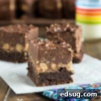 Peanut Butter Crunch Brownies - A fudgy brownie, topped with a layer of peanut butter cups, and then a layer of chocolate/peanut butter crispy fudge. Pure chocolate and peanut butter heaven!