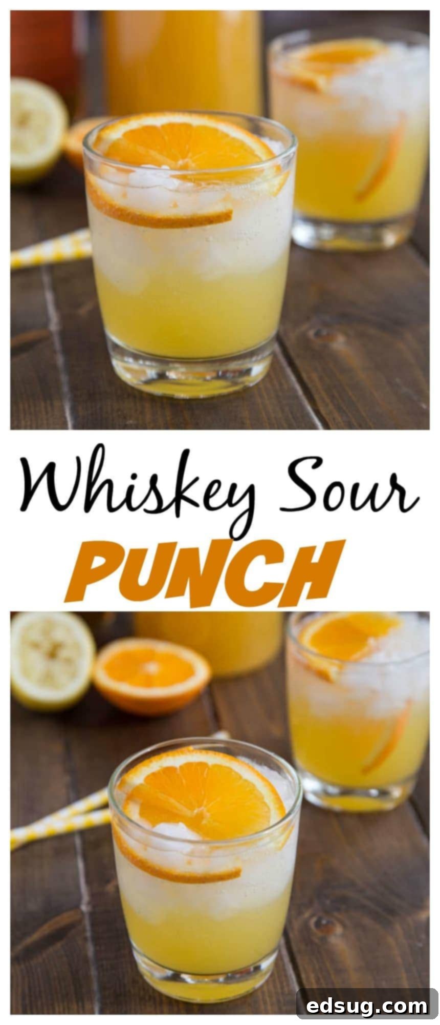 Whiskey Sour Punch - orange juice, lemon juice and bourbon some together for a fizzy and fun punch. Great for get togethers, and you can even make it ahead!