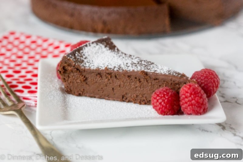 Flourless Chocolate Cake - A chocolate lover's dream slice with fresh berries. A delectable slice of flourless chocolate cake, elegantly garnished with a variety of fresh berries.