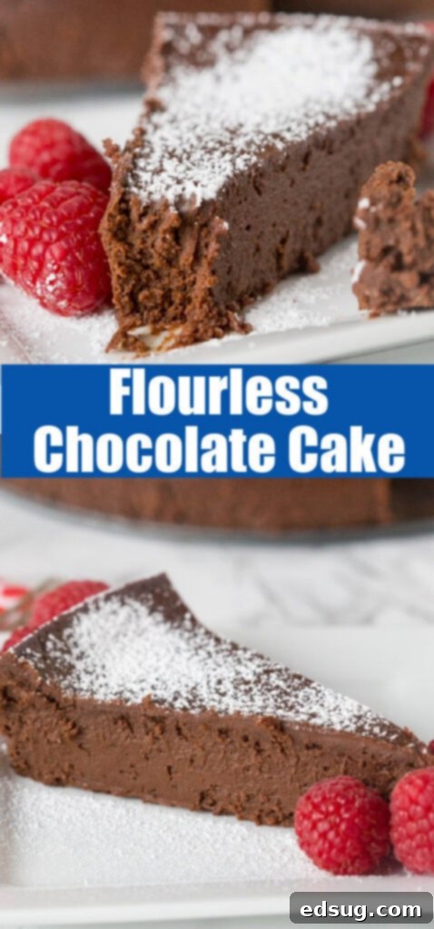 Velvet Flourless Chocolate Dream 2 Close-up of a decadent slice of chocolate flourless cake on a white plate, showcasing its rich, dense texture and deep color.