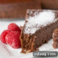 Velvet Flourless Chocolate Dream 3 A piece of rich, dense chocolate flourless cake on a plate, ready to be enjoyed.