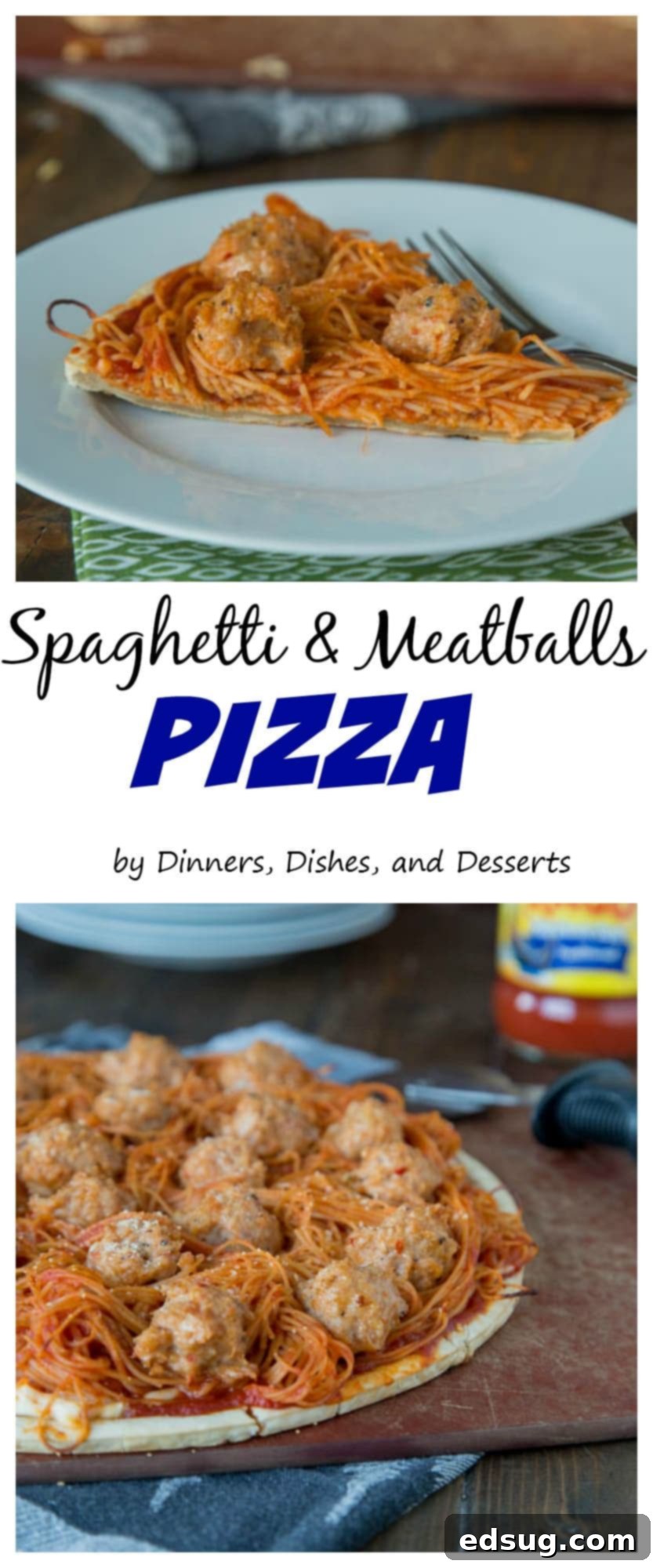 close up of spaghetti and meatball pizza on a board