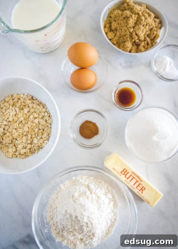 Warm Spiced Oat Bake 3 oatmeal cake ingredients laid out on a table