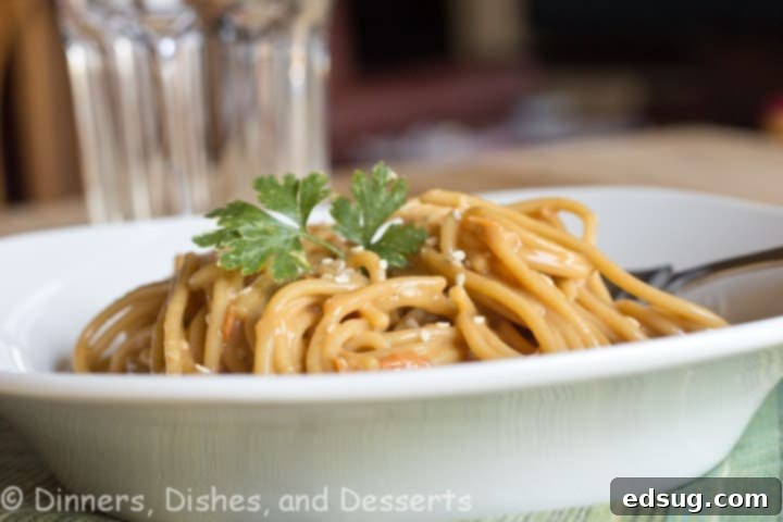 Close-up of Asian Peanut Noodles with peanut sauce