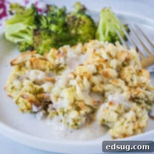 Homestyle Chicken Stuffing Bake 8 close up chicken stuffing casserole on a plate