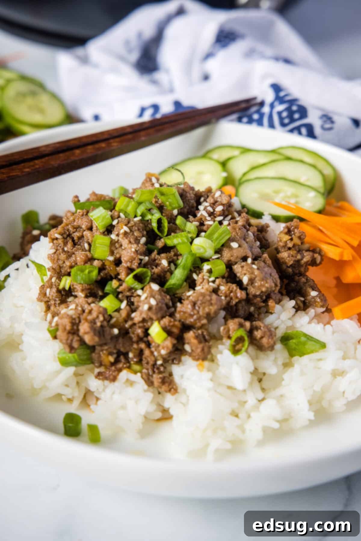 korean beef bowls on a white plate