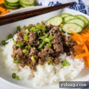 close up korean beef over rice on a plate