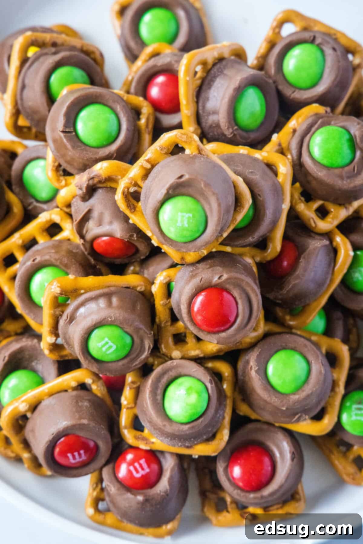 looking down on rolo pretzels on a platter